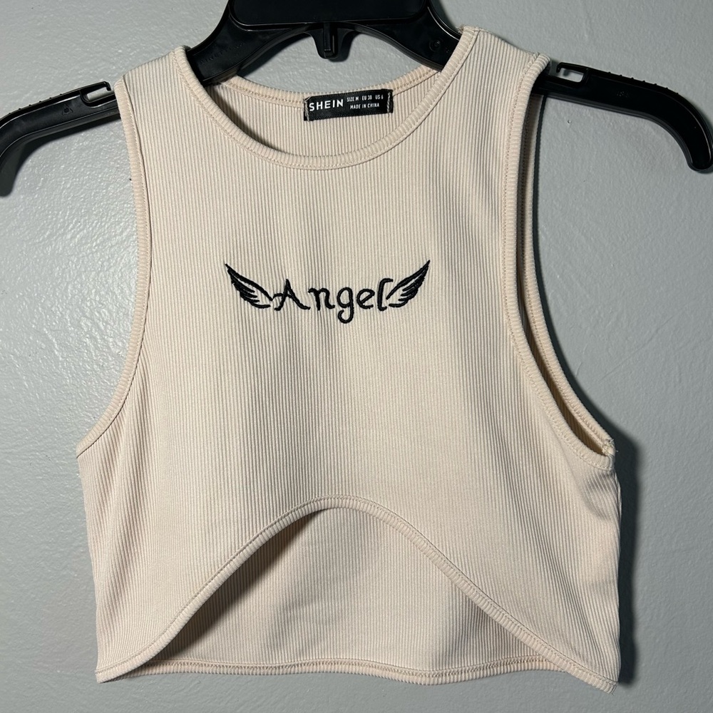 SHEIN Cream Ribbed Cropped Tank with 'Angel' Embroidery